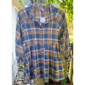 NWT EN CREME Women's Plaid Mini Dress Size L Plaid Flannel Fit & Flare V Tunic